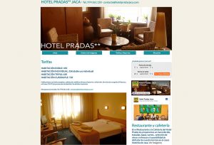Web sencilla para Hotel Pradas Jaca (www.hotelpradasjaca.com), con información general, galería de imágenes y página de reservas.