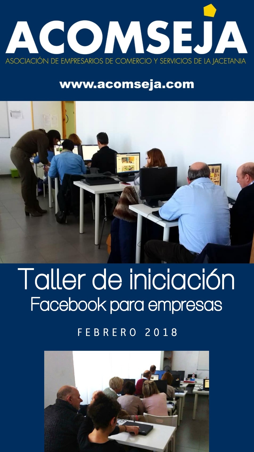 El pasado mes de febrero tuvo lugar un taller de iniciación a Facebook, organizado por Acomseja e impartido por Mónica Ballarín de la empresa "Pirineum Diseño e internet". Durante el mismo, los empresarios participantes tuvieron ocasión de conocer los fundamentos de la popular red social y poner en marcha prácticas para optimizar sus páginas con respecto al marketing online.