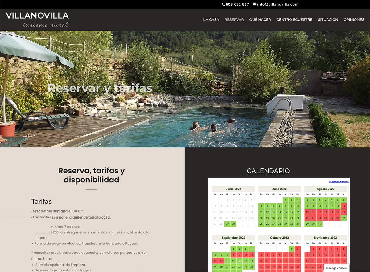 Diseño de web de turismo rural para casa con encanto en Villanovilla (Pirineos) e integración de calendario de reservas. Una espectacular casa rural en un entorno privilegiado a 10 minutos de Jaca y a 20 de las pistas de esquí.