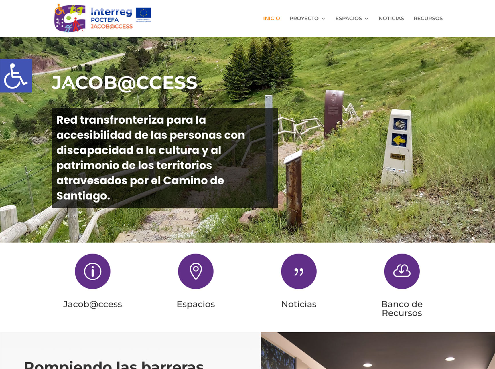 Web de la Red transfronteriza para la accesibilidad de las personas con discapacidad a la cultura y al patrimonio de los territorios atravesados por el Camino de Santiago, con diseño responsive, usable y accesible. Realizada en tres idiomas </p>
<p>Ver https://jacobaccess.eu/