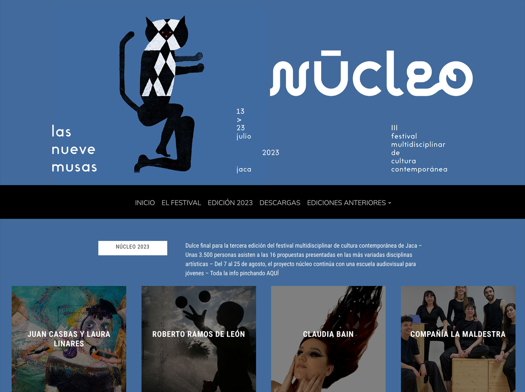 Web del Festival núcleo - festival multidisciplinar de cultura contemporánea, ediciones 2022 y 2023 Una iniciativa del Área de Cultura del Ayuntamiento de Jaca